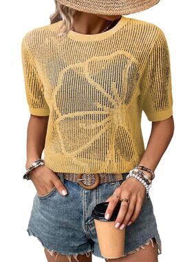 Women Yellow Summer Short Hollow Out Floral Sweaters Beach Vacation Cruise Tops